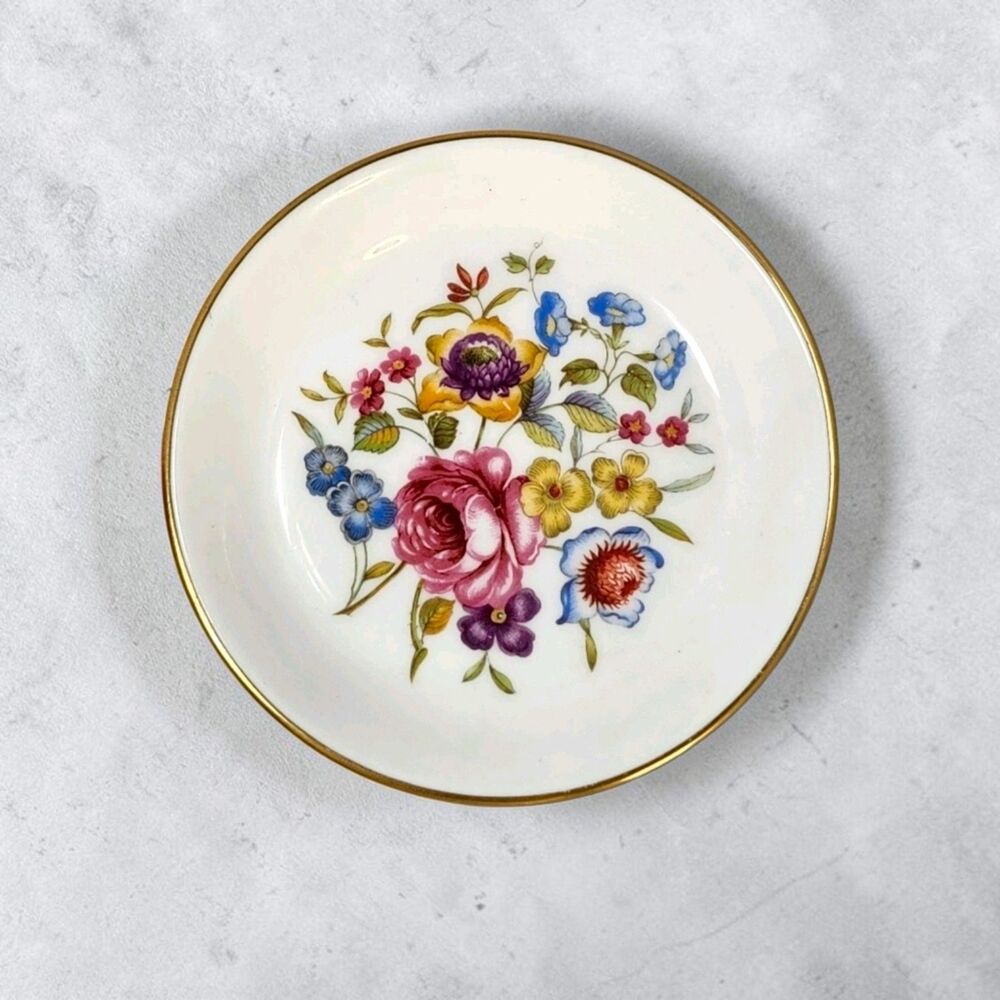 Vintage Royal Worcester Fine Bone China Trinket Dish Floral Gold Rim England